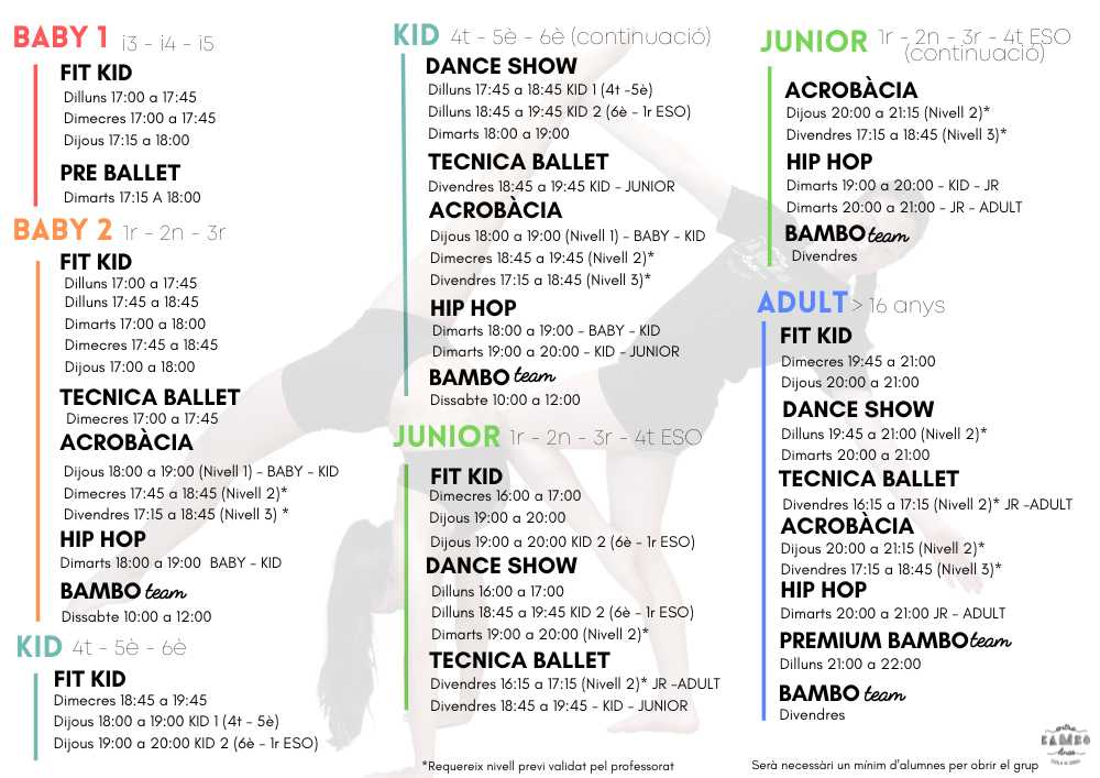 Horari Classes 2025-2026, de classes de dansa, acrobàcia, Hip Hop i Fit Kid a Sant Andreu de la Barca